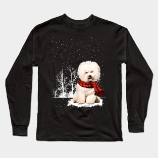Christmas Bichon Frise With Scarf In Winter Forest Long Sleeve T-Shirt